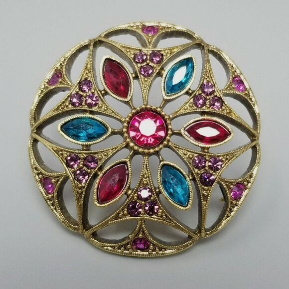 Vintage Pink and Blue Rhinestone Brooch, Gold Tone Lapel Pin Setting, Estate - Picture 1 of 7